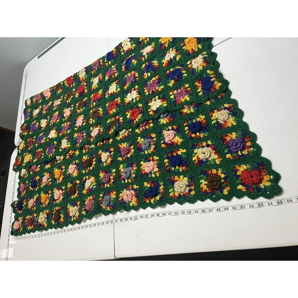 Handmade Granny Square Throw Floral 3D Knit Green Colorful Sofa Blanket Afgan